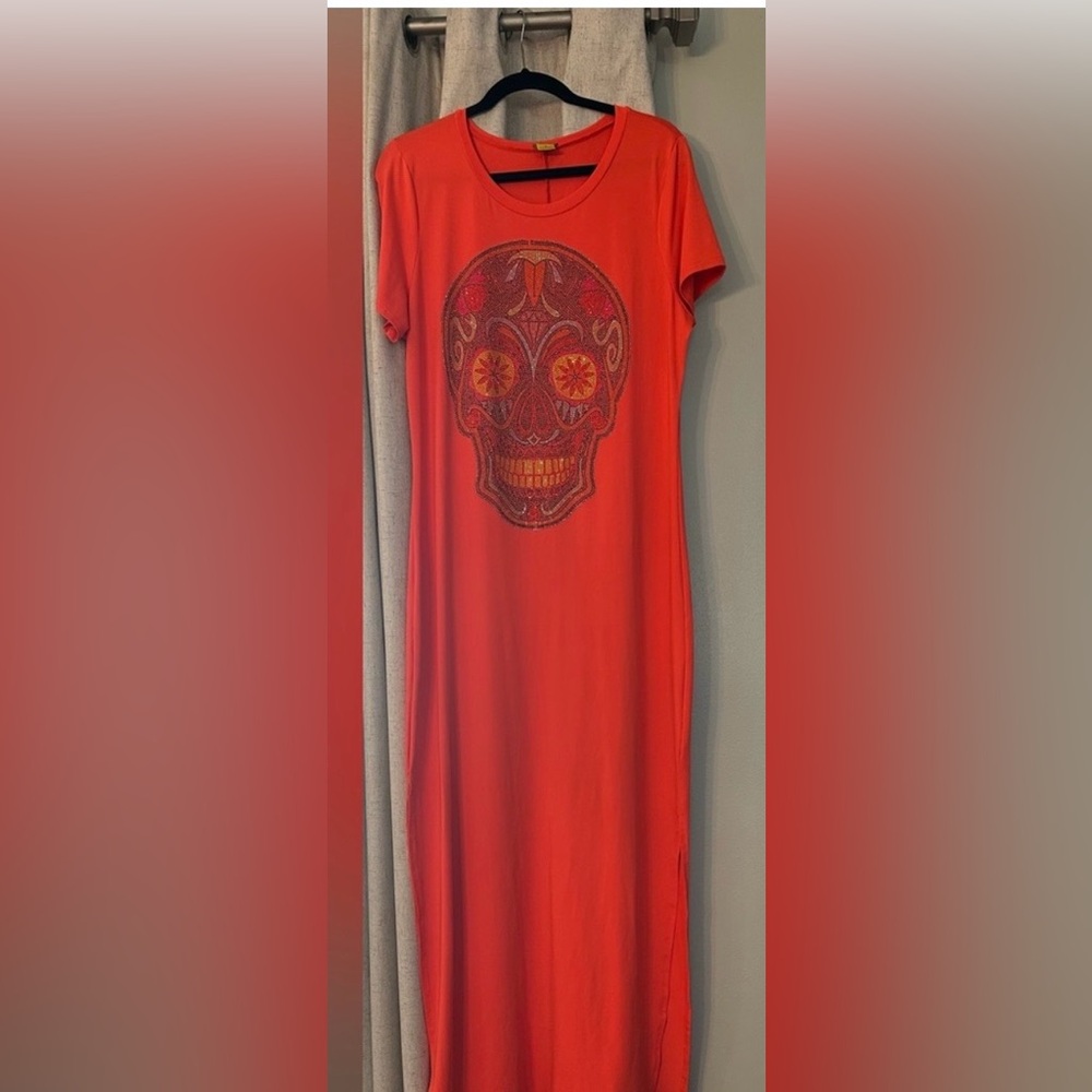 💀 Daisy Sugar Skull Maxi Dress – 3X – Orange Rhinestone Graphic 🔥🧡